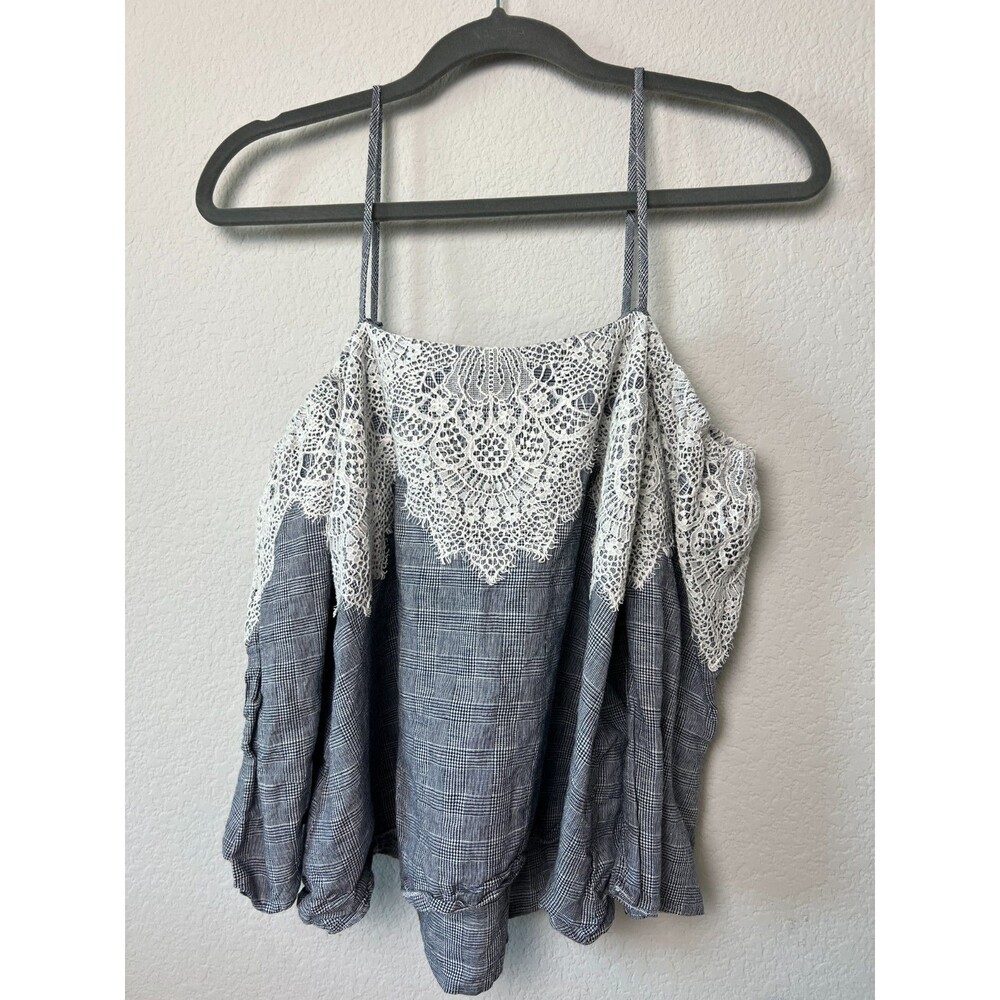 Zara Woman Boho Off The Shoulder Top Blue Plaid Crochet Lace Overlay Medium